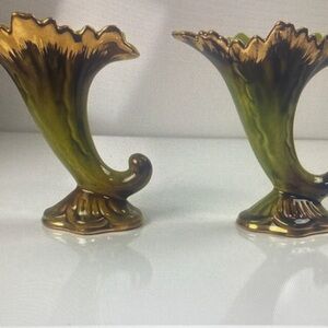 Vintage MCM Ceramic Art Cornucopia Pair of Vases Green Brown 7.5in W x 7in H BZ0